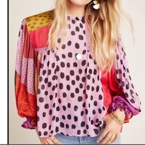 Anthro Blnk London Miranda Top Peasant Blouse Rosy Bloom Polka Dot Sz XS NEW